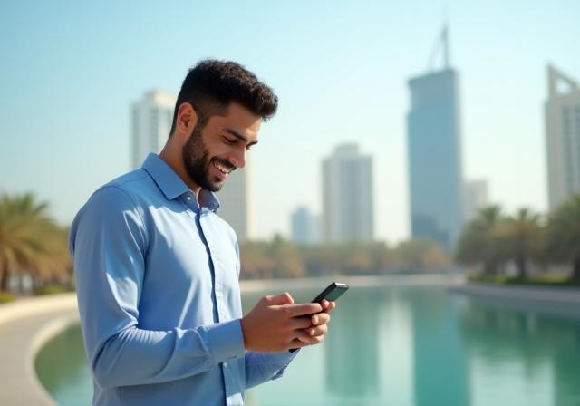 شخص سعيد يستخدم هاتفه الذكي في المنامة